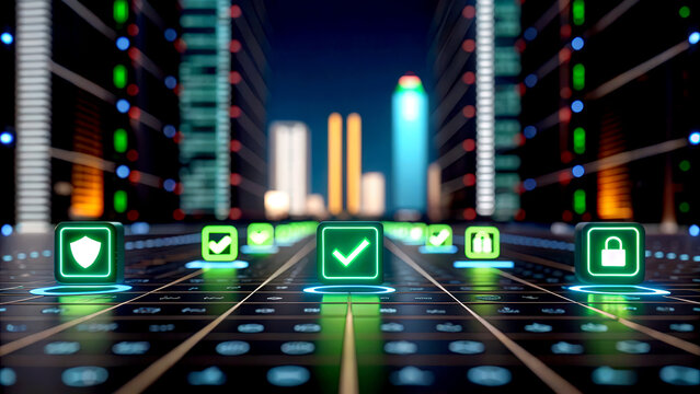 Blockchain in finance decentralization compliance concept. Digital icons on a glowing grid with a cityscape in the background.