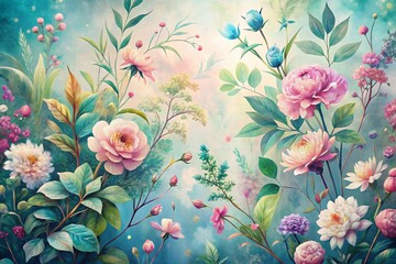 Elegant Pastel Botanical Illustration Wallpaper Texture: Delicate Floral Design for Home Decor