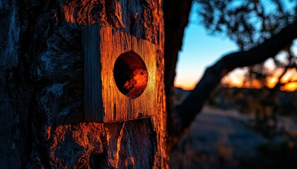Close-Up View of Tree Bark with Sunlight and Nature Background at Sunset