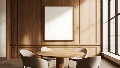 Modern Wooden Room With Blank Poster and Table