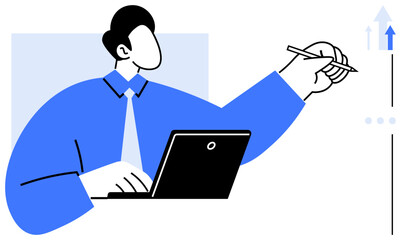 Person using laptop, holding pen to portray focus, growth, and analytics. Ideal for business, strategy, technology, data planning teamwork education. Modern flat simple metaphor