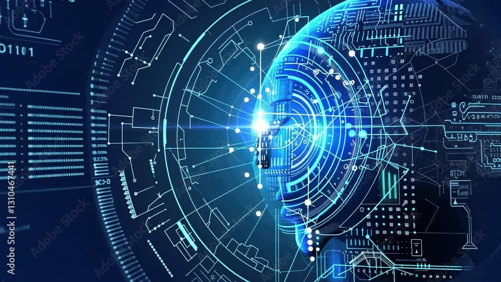 Poster futuristic digital design exploring innovation in artificial intelligence, circuit patterns, and dat