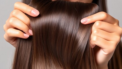 Fototapeta premium Close-up of Woman Holding Smooth Brown Hair with Perfect Shine and Healthy Look