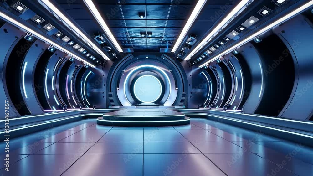 Poster Futuristic interior design with glowing lights and circular elements, creating modern sci fi atmosphere ideal for technology and space themed projects.