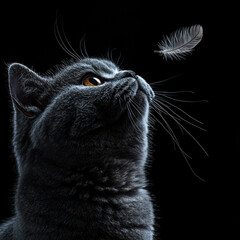 British Shorthair batting at a dangling feather, focused gaze, dramatic lighting, UHD 8K 