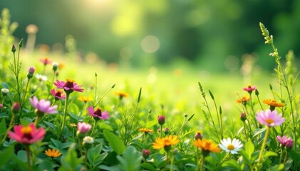 Fototapeta premium Lush meadow scene with wildflowers and grasses, verdant, scenery, grunge floral