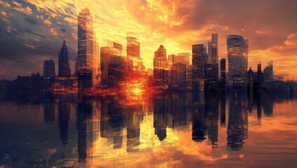 Fototapeta premium Fiery Sunset over City Skyline Reflections