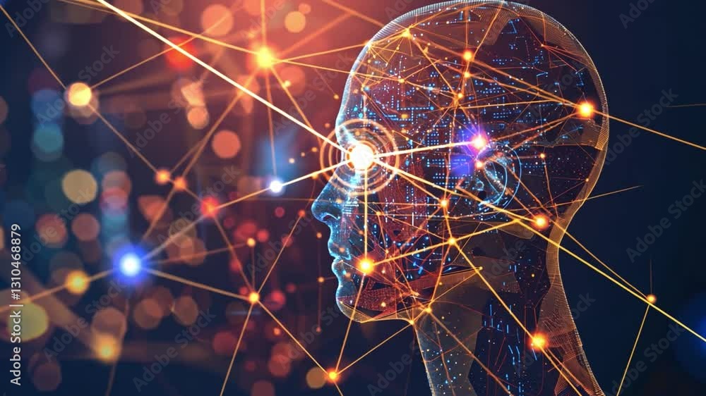 Poster futuristic digital head with glowing connections exploring artificial intelligence, technology, and 