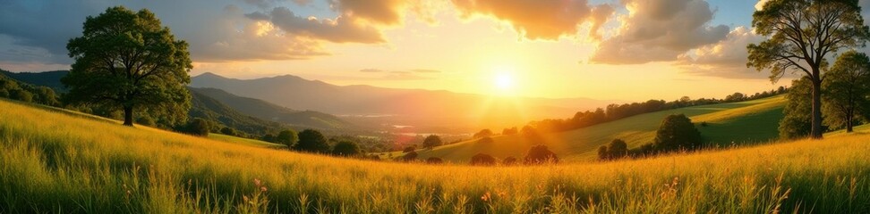Panorama landscape with sunlight illuminating trees, sunlight, nature
