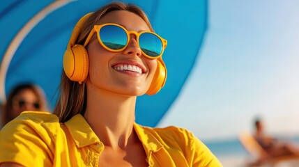 Smiling woman enjoys music on the beach under the summer sun