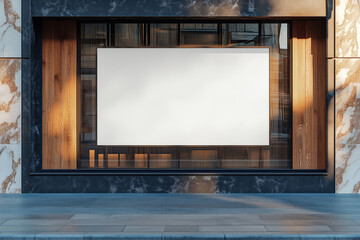 White blank template banner hanging on the window of a modern store