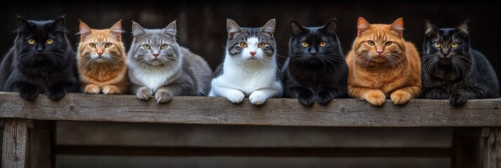 Group of cats lined up on a wooden fence showcasing different fur colors and patterns in a rural setting