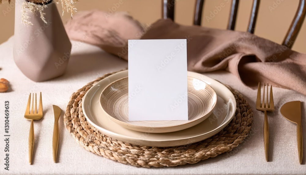 Poster elegant minimalist beige table setup with empty menu card against a neutral background, conveying cl