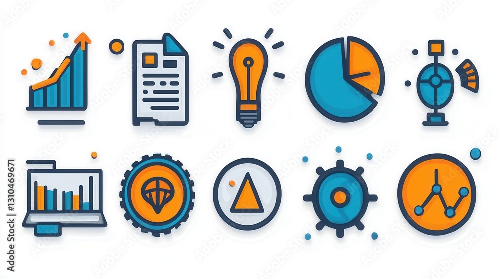 Poster a set of outline icons depicting various business and strategy concepts like data analysis financial