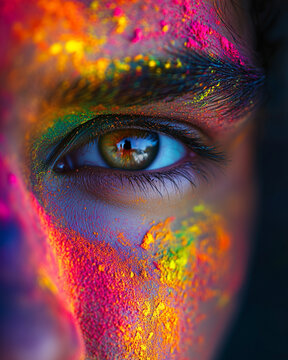 Artistic close-up of a face partially covered in Holi colors. The vibrant pigments and deep gaze create a striking and mesmerizing composition.