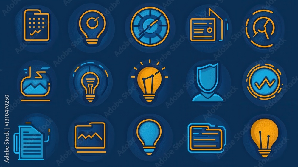 Poster a set of clean and simple outline icons representing various elements of group strategic thinking th