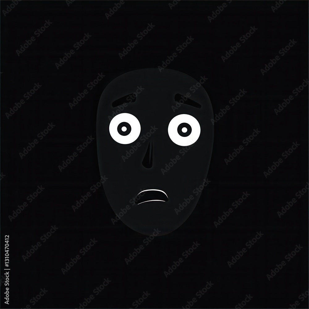Poster minimalist icon depicting a dark face with wide fearful eyes and eerie monochrome contrast, evoking 