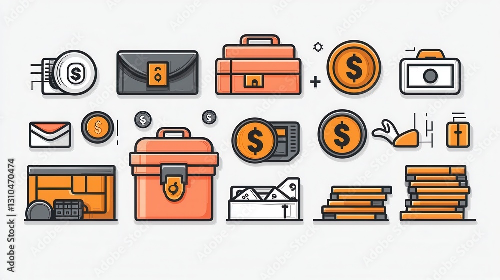 Poster of stacks of coins and various finance related linear icons depicting concepts and services in the b