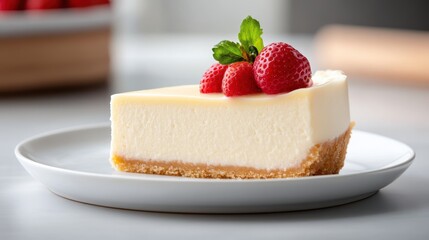 Delightful strawberry cheesecake slice on a pristine white plate