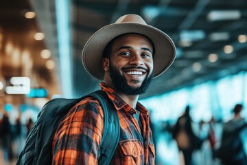 Fototapeta premium Young tourist smiling wearing backpack and hat in airport