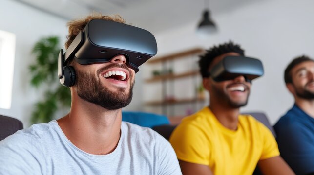 Three friends enjoy an adventurous virtual reality experience together