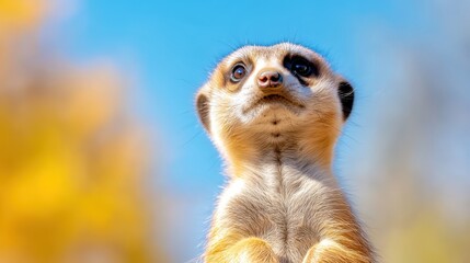 Curious meerkat surveying its surroundings under a bright sky