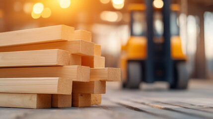 Wooden planks stacking neatly on warehouse floor, forklift truck blurring background, representing organized lumber storage and industrial material handling processes