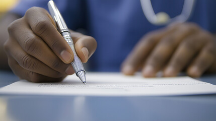 Medical professional carefully writing prescription, focusing on accurate medication details and patient safety with systematic documentation