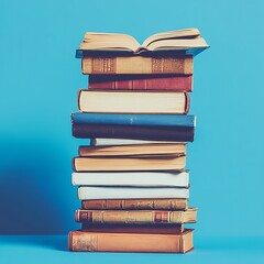 books stacked neatly on a bright blue background