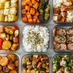 A top-down view of meal prep containers filled with rice, meat, and roasted vegetables, neatly arranged
