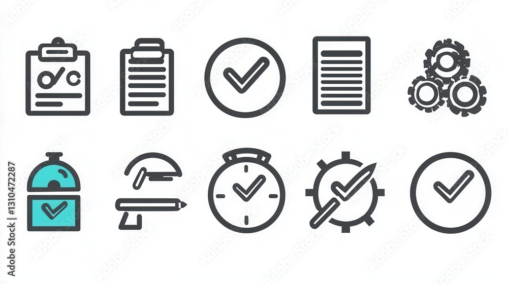 Poster set of checkmark icons representing different stages or steps of an action plan process such as task