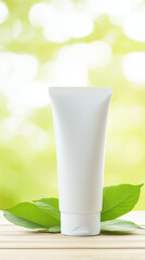 Skincare product mockup resting on wooden surface, surrounded by verdant leaves and soft green bokeh, highlighting organic beauty concept
