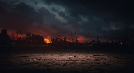 Fiery apocalyptic landscape with burning city skyline at night. Dramatic disaster scene with flames and smoke. Dramatic background for war, apocalypse, or disaster themes with copy space