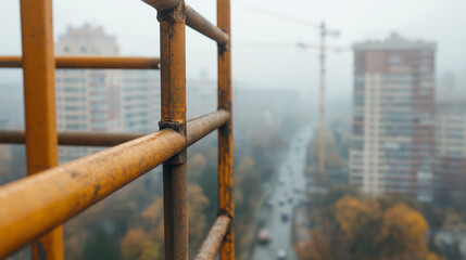 Fototapeta premium Metal scaffolding towering over misty urban landscape, revealing architectural lines and bustling street traffic during autumn morning light