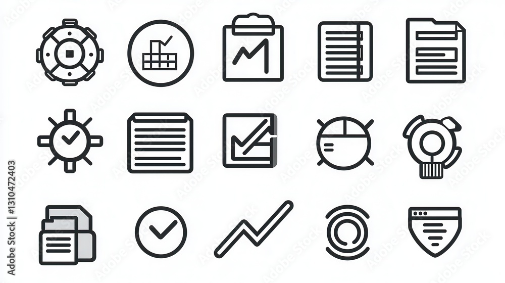 Poster set of linear icons depicting the action plan process including symbols for strategy workflow organi