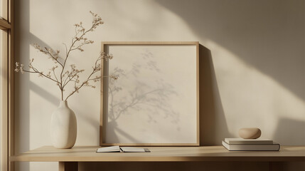 Minimal coworking with empty mockup Template for ad. Minimal hipster working place. Empty mockup Frame on a wooden table. Contemporary working place design. Royal VIP stylish home office interior.
