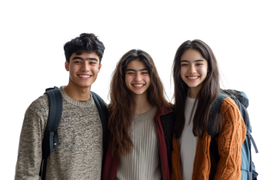 Three young friends smiling together in a bright studio location during the daytime