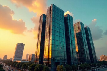 Fototapeta premium Modern office building at sunset with golden skyscrapers and dark teal windows , modern, cityscape, dark teal