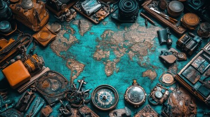 Fototapeta premium Vintage world map surrounded by travel gear