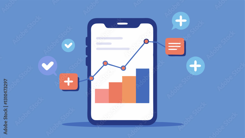Poster phone and graph a smartphone displaying social media feeds in one hand and a line graph showing stoc