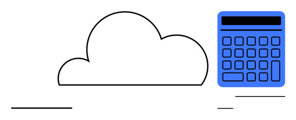 Cloud graphic beside a blue digital calculator illustrating data management, cloud computing, online calculations, and tech-driven solutions. Ideal for technology, finance, cloud storage, digital