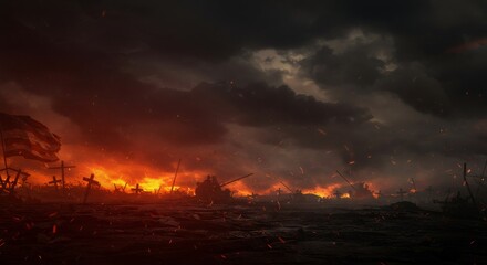 Wildfire blazing across dark landscape at night. Apocalyptic scene of forest fire with glowing orange flames and smoky sky. Dramatic background for war, apocalypse, or disaster themes with copy space