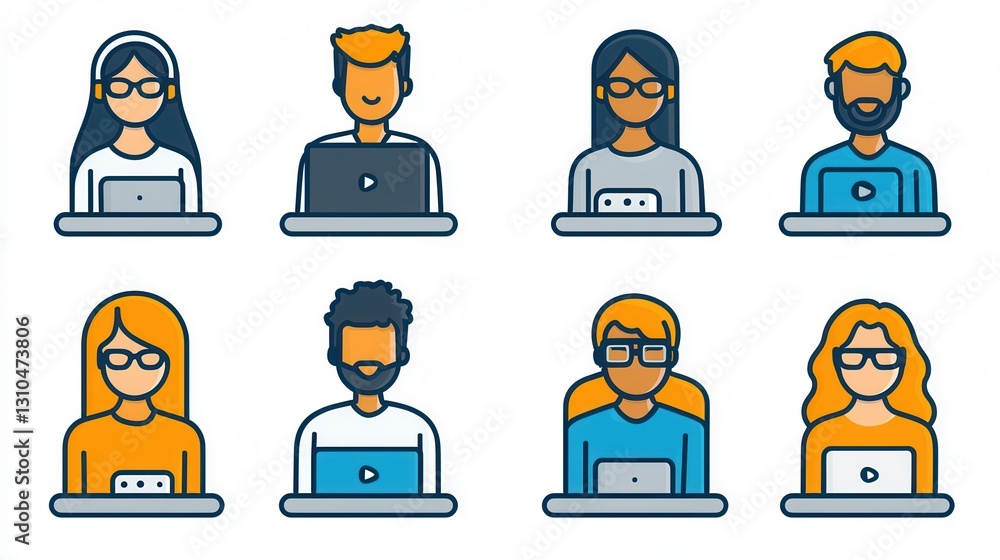Poster a set of outline icons illustrating various concepts related to video conferencing online meetings a