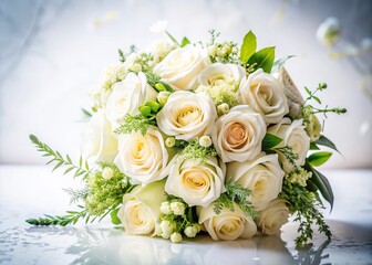 Elegant White Bridal Bouquet with cascading roses and greenery, isolated on white background. Perfect for wedding invitations and websites.