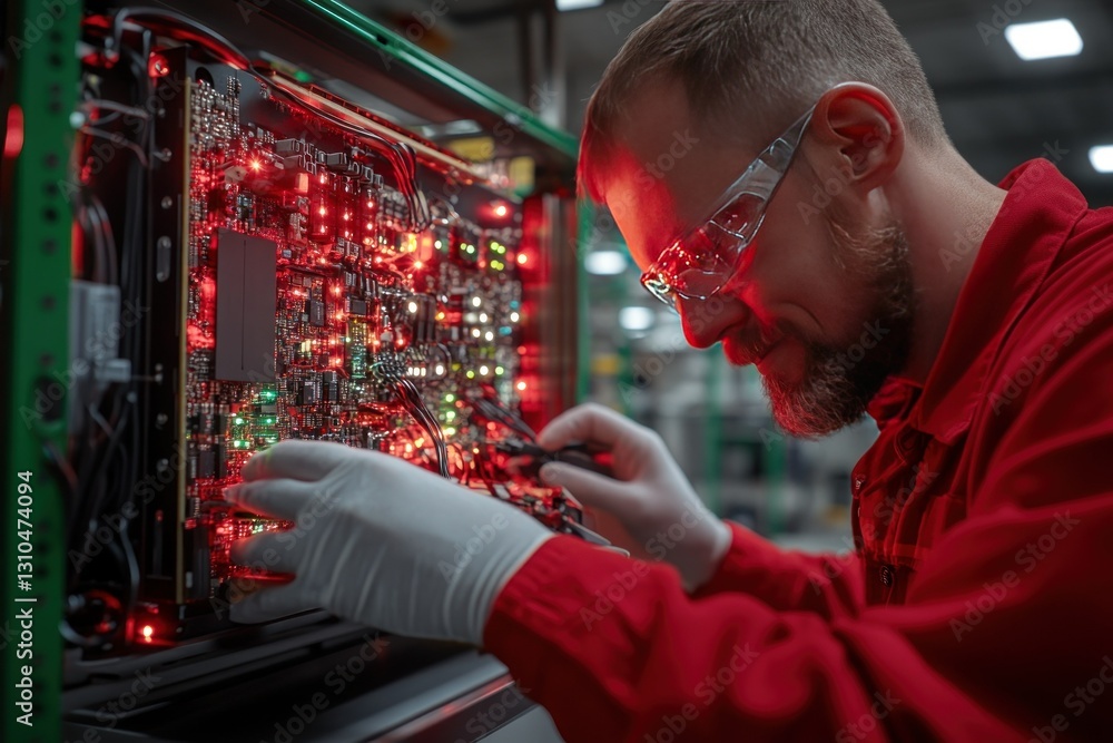 Poster technician inspecting circuit board components with tools in high-tech environment