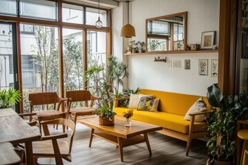 Fototapeta premium Bright, airy living room with yellow sofa, wooden furniture, and large windows.