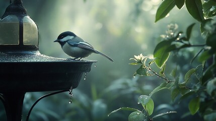 Naklejka premium Misty dawn, bird at garden birdbath