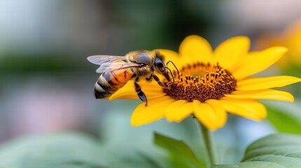 Vibrant yellow sunflower attracts bee pollinating in lush greenery