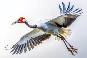 Obraz premium Elegant White-Naped Crane in Flight, Low Light Photography, Isolated on White Background