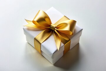 Obraz premium Elegant White Wedding Gift Box with Gold Ribbon - Top View, Copy Space